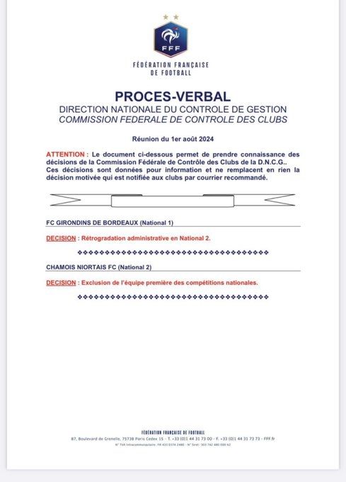 🎤官方:波尔多确定降级至法国第四级别联赛
